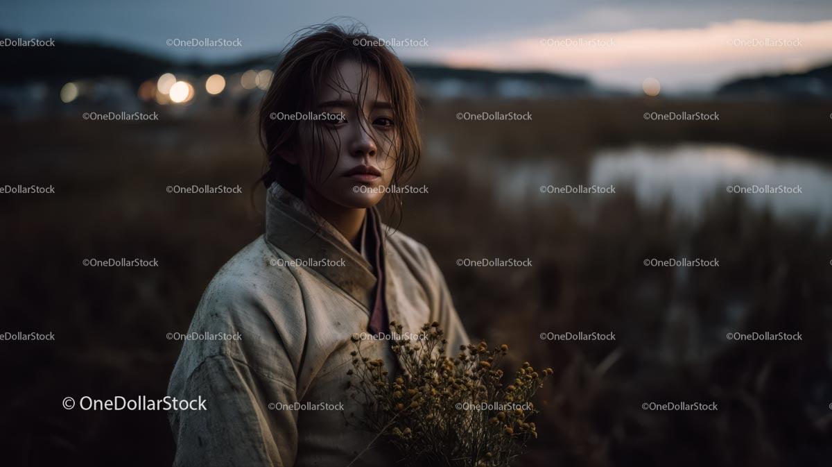 Pensive Woman Holding Yellow Wildflowers at Dusk Stock Photo Bundle preview 11