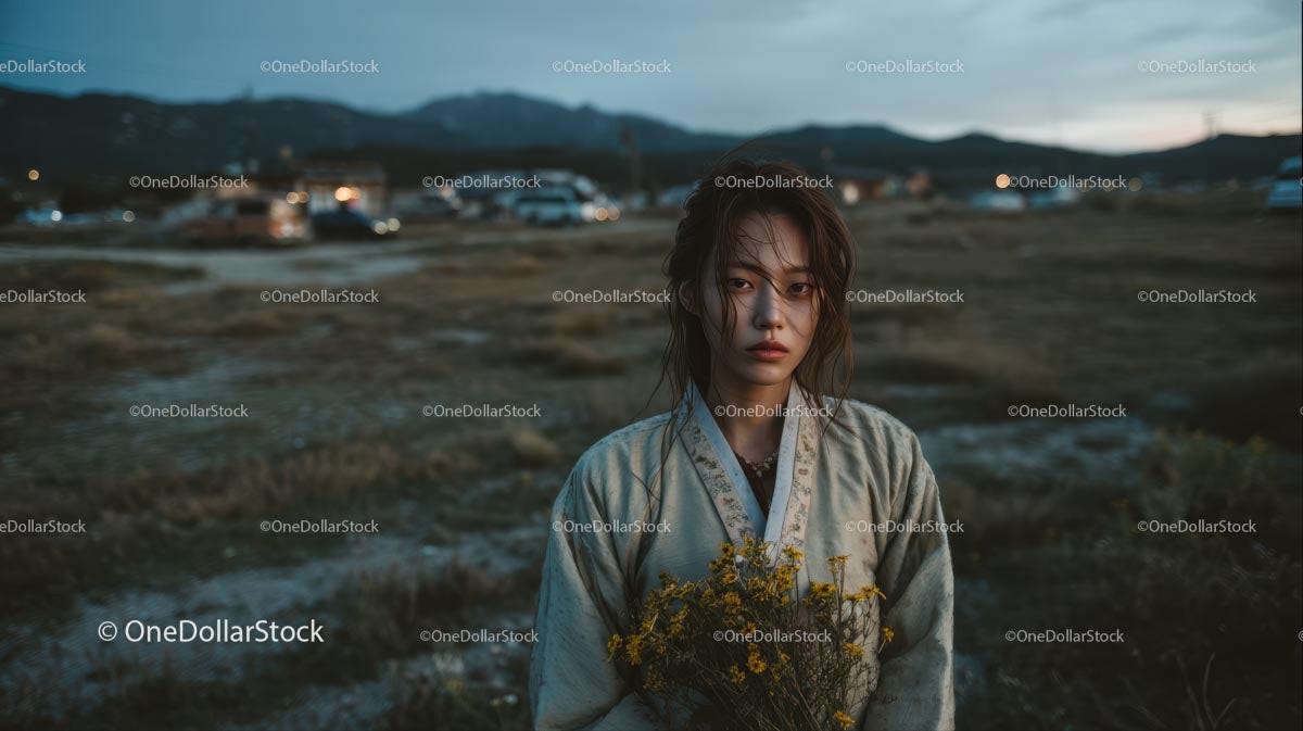 Pensive Woman Holding Yellow Wildflowers at Dusk Stock Photo Bundle preview 12