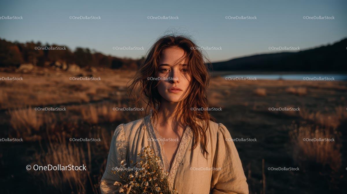 Pensive Woman Holding Yellow Wildflowers at Dusk Stock Photo Bundle preview 13