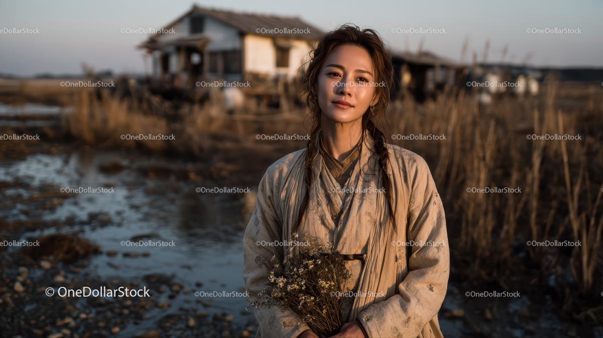 Pensive Woman Holding Yellow Wildflowers at Dusk Stock Photo Bundle preview 14
