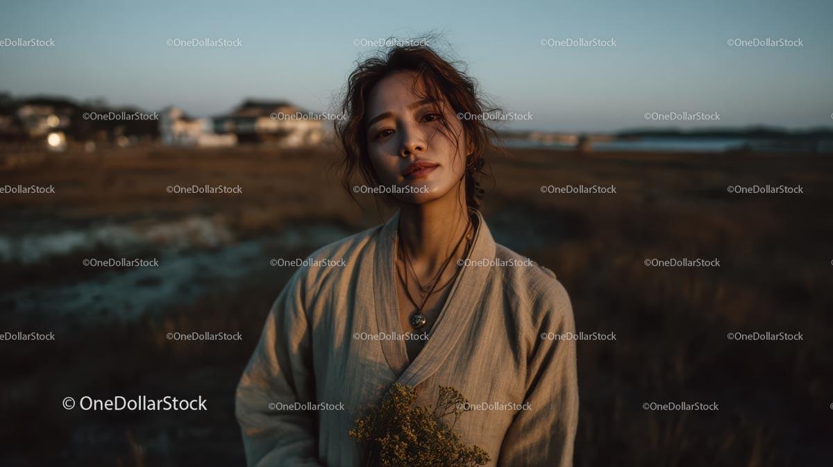 Pensive Woman Holding Yellow Wildflowers at Dusk Stock Photo Bundle preview 15