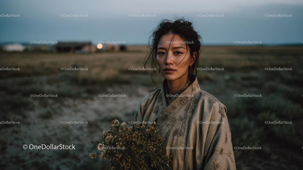 Pensive Woman Holding Yellow Wildflowers at Dusk Stock Photo Bundle preview 16