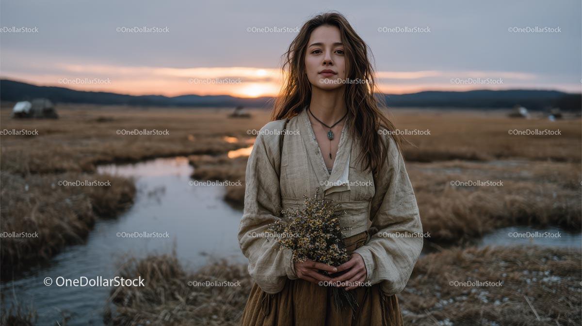 Pensive Woman Holding Yellow Wildflowers at Dusk Stock Photo Bundle preview 17