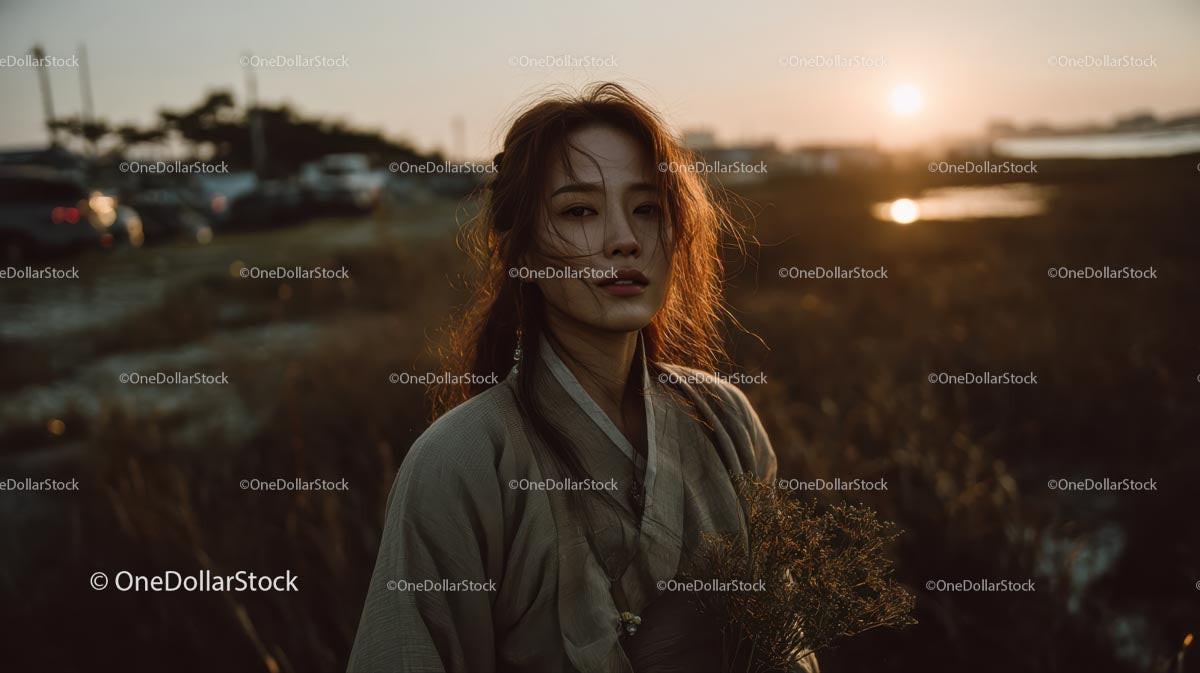 Pensive Woman Holding Yellow Wildflowers at Dusk Stock Photo Bundle preview 18