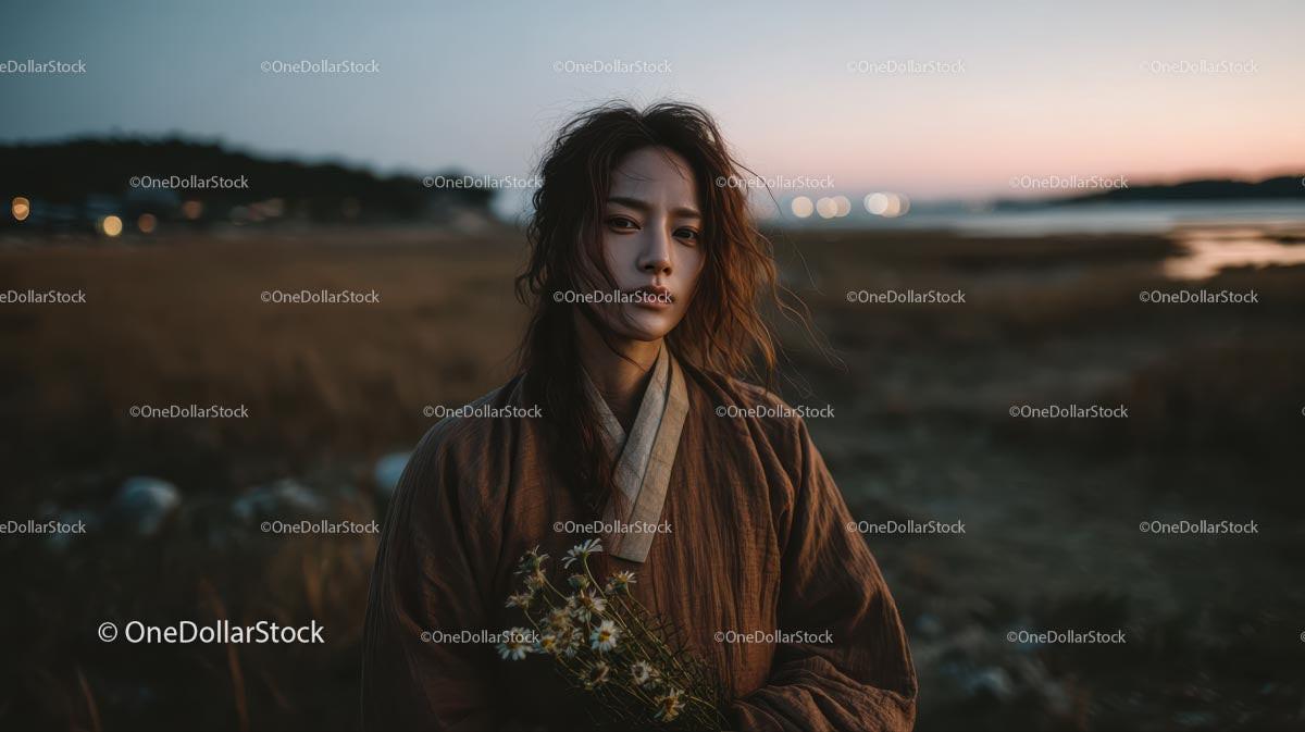 Pensive Woman Holding Yellow Wildflowers at Dusk Stock Photo Bundle preview 19