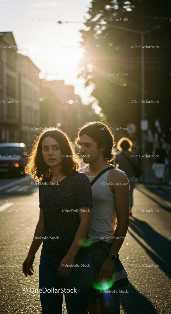 Young Couple Strolling Through City at Sunset