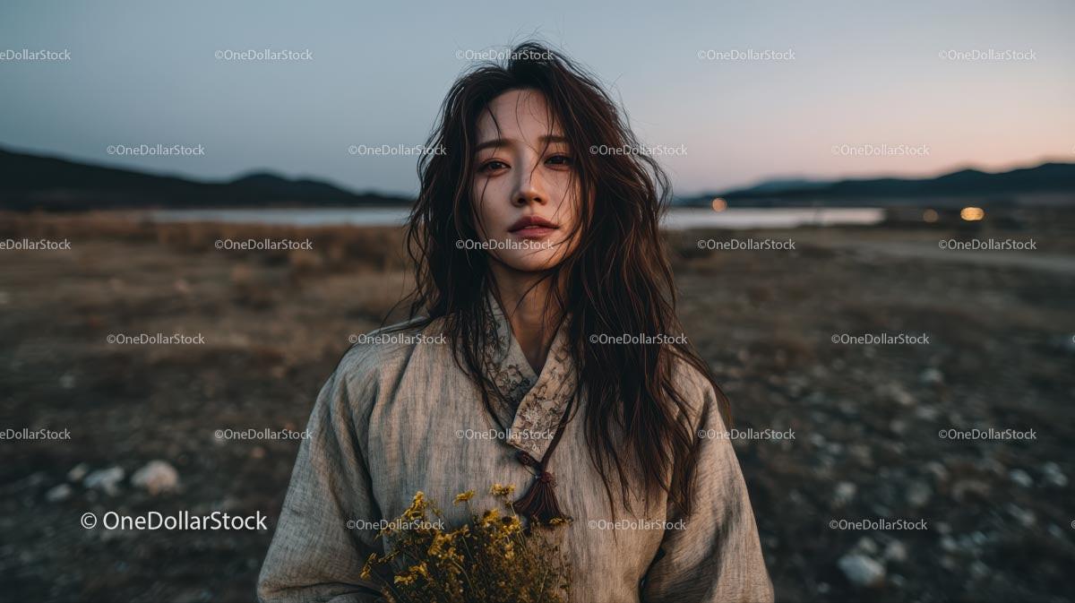 Pensive Woman Holding Yellow Wildflowers at Dusk Stock Photo Bundle preview 21