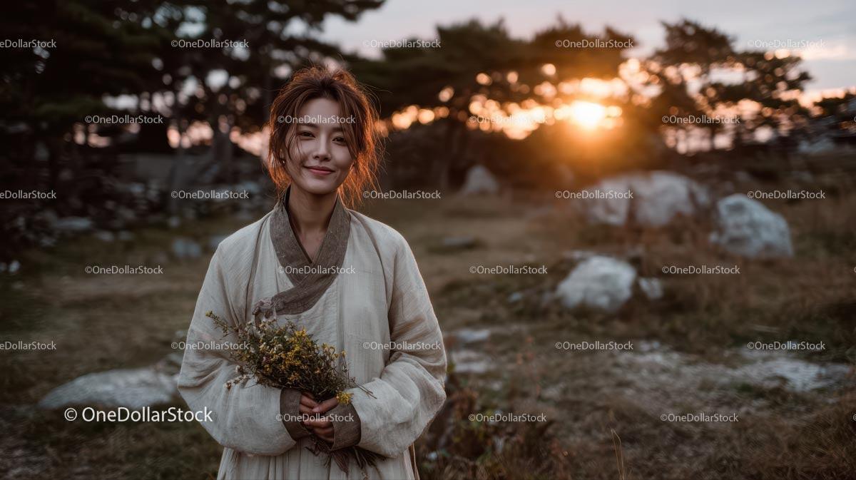 Pensive Woman Holding Yellow Wildflowers at Dusk Stock Photo Bundle preview 22