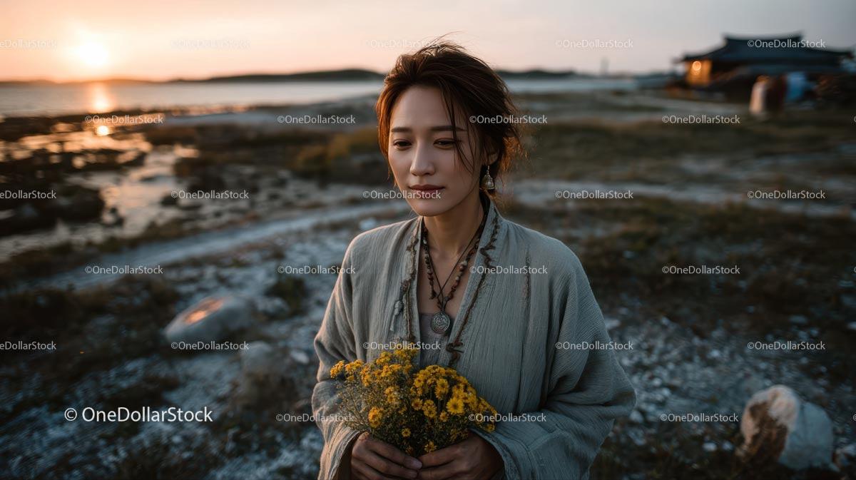 Pensive Woman Holding Yellow Wildflowers at Dusk Stock Photo Bundle preview 23