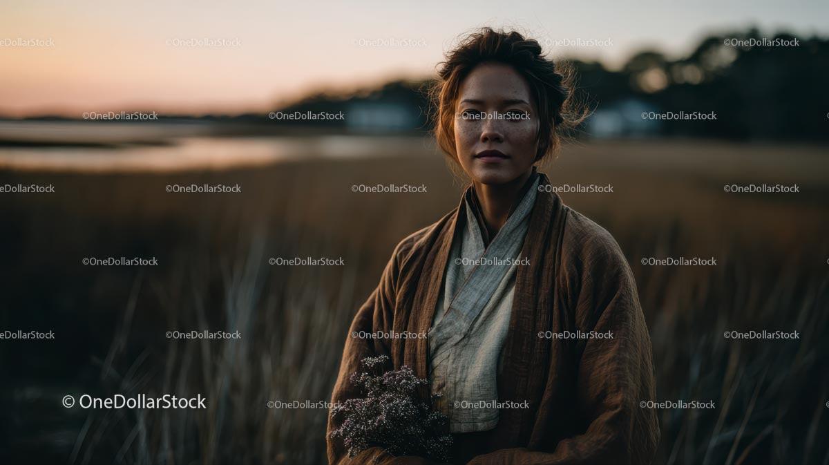 Pensive Woman Holding Yellow Wildflowers at Dusk Stock Photo Bundle preview 24