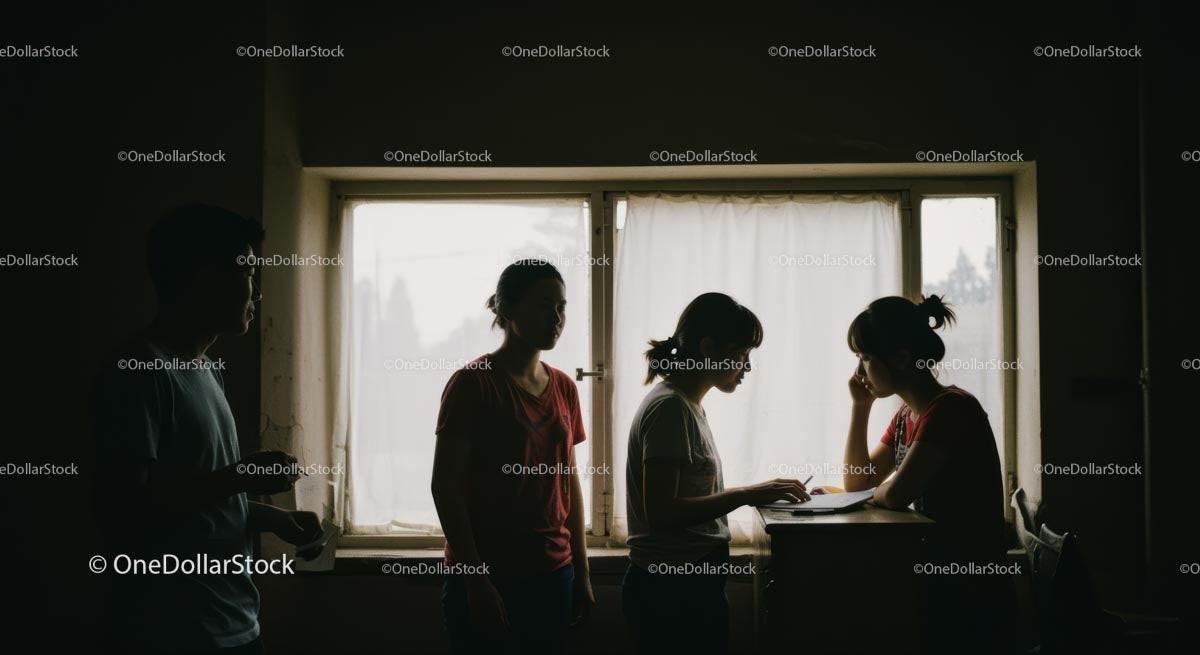 Silhouettes in Discussion by Sunlit Window