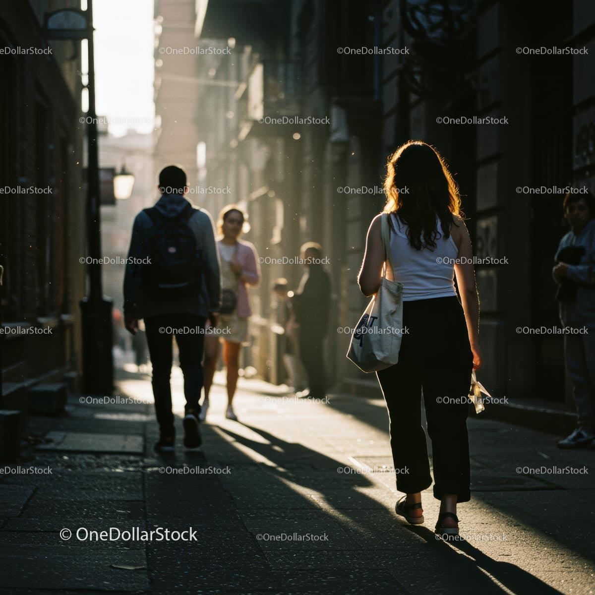 Silhouette of People Walking in Sunlit Urban Alley