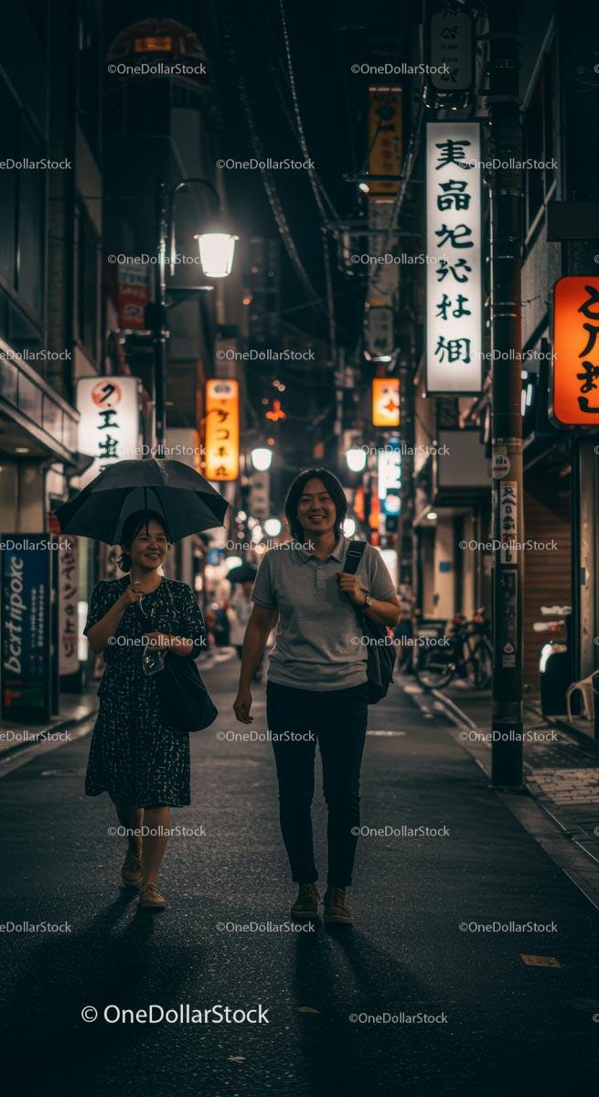 Couple Strolling at Night in a Vibrant Japanese Street