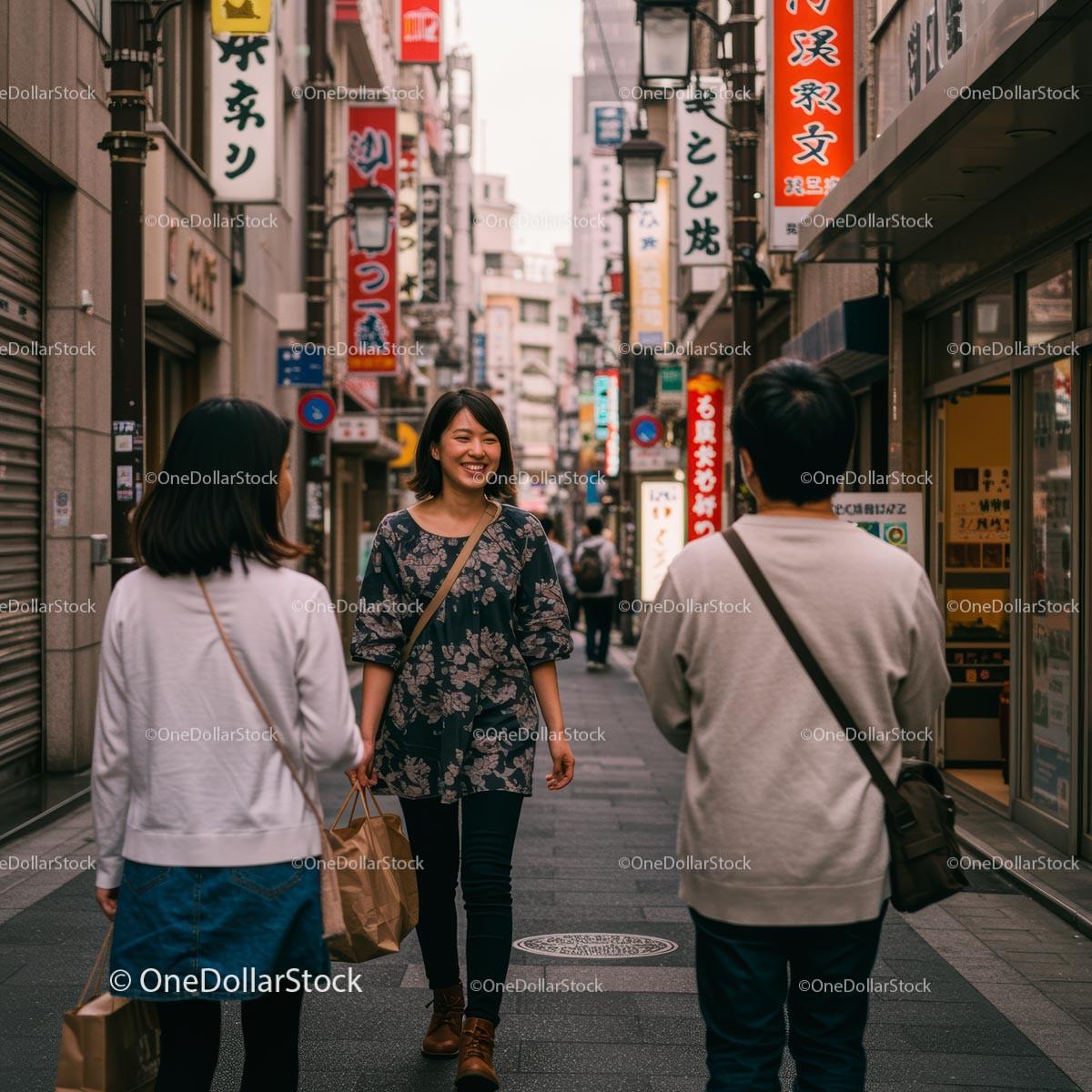 Smiling Woman Walking in a Bustling Japanese Street