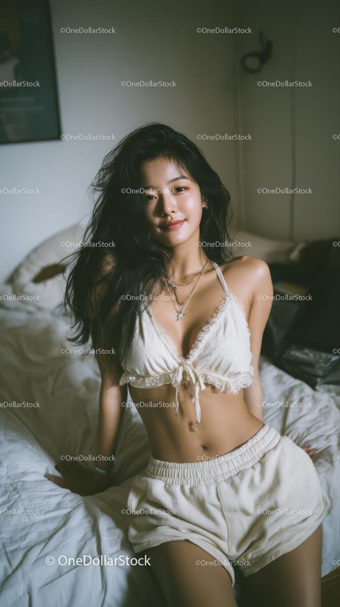 Woman Relaxing in Cozy Bedroom Setting with Natural Light Stock Photo Bundle preview