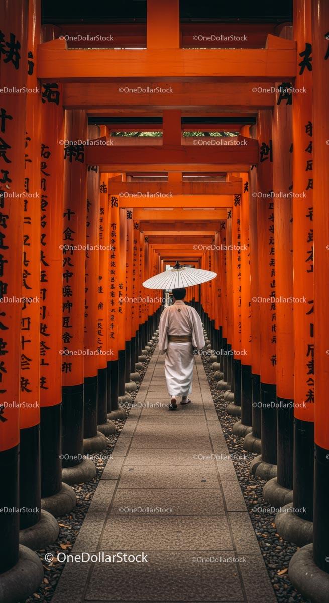 Person Walking Through Vibrant Fushimi Inari Torii Gates