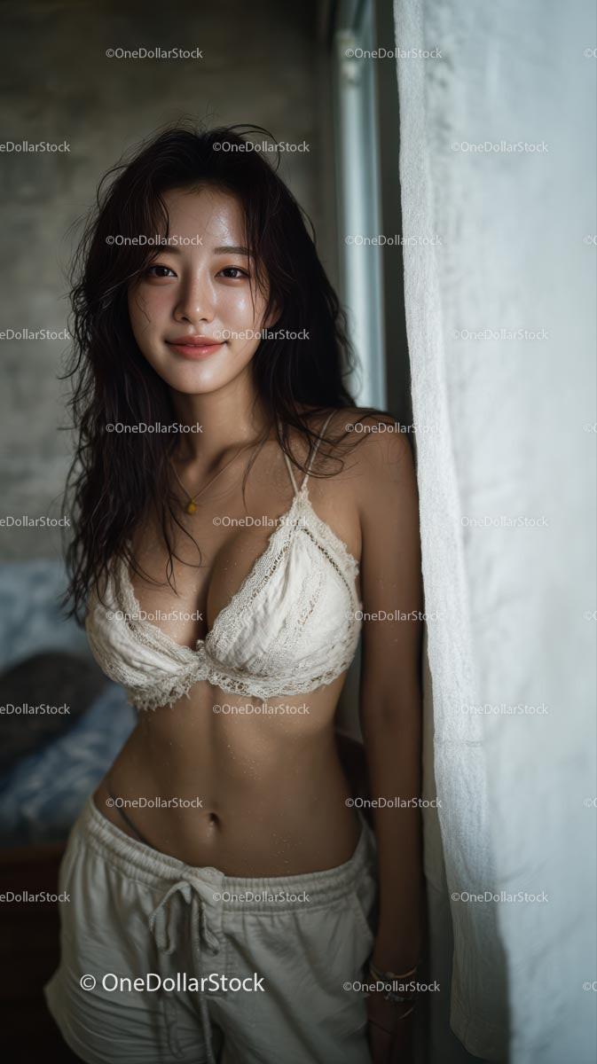 Young Woman in White Lace Lingerie Smiling Indoors