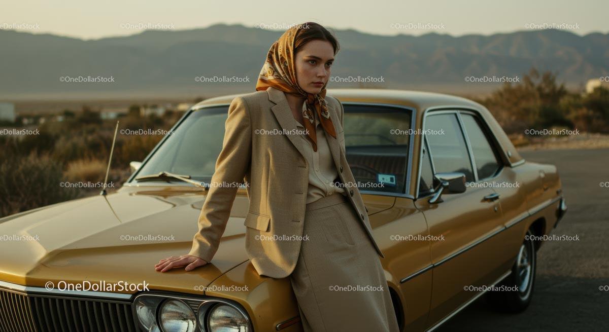 Stylish Woman in Beige Suit by Vintage Car and Desert