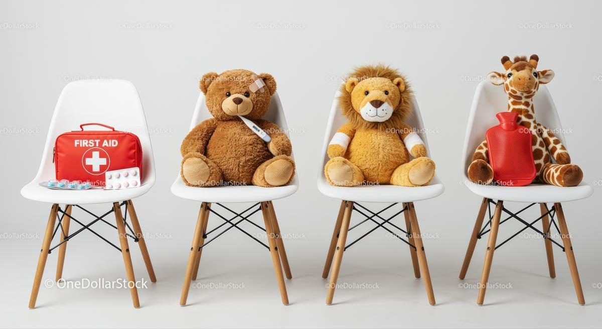 Stuffed Animals with First Aid Kit on Chairs