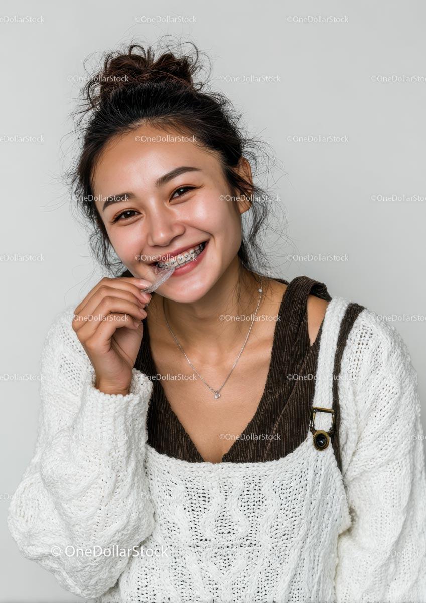 Smiling Young Woman with Braces in Casual White Sweater