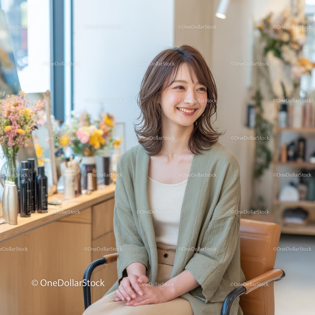 Smiling Woman in Fashionable Hair Salon