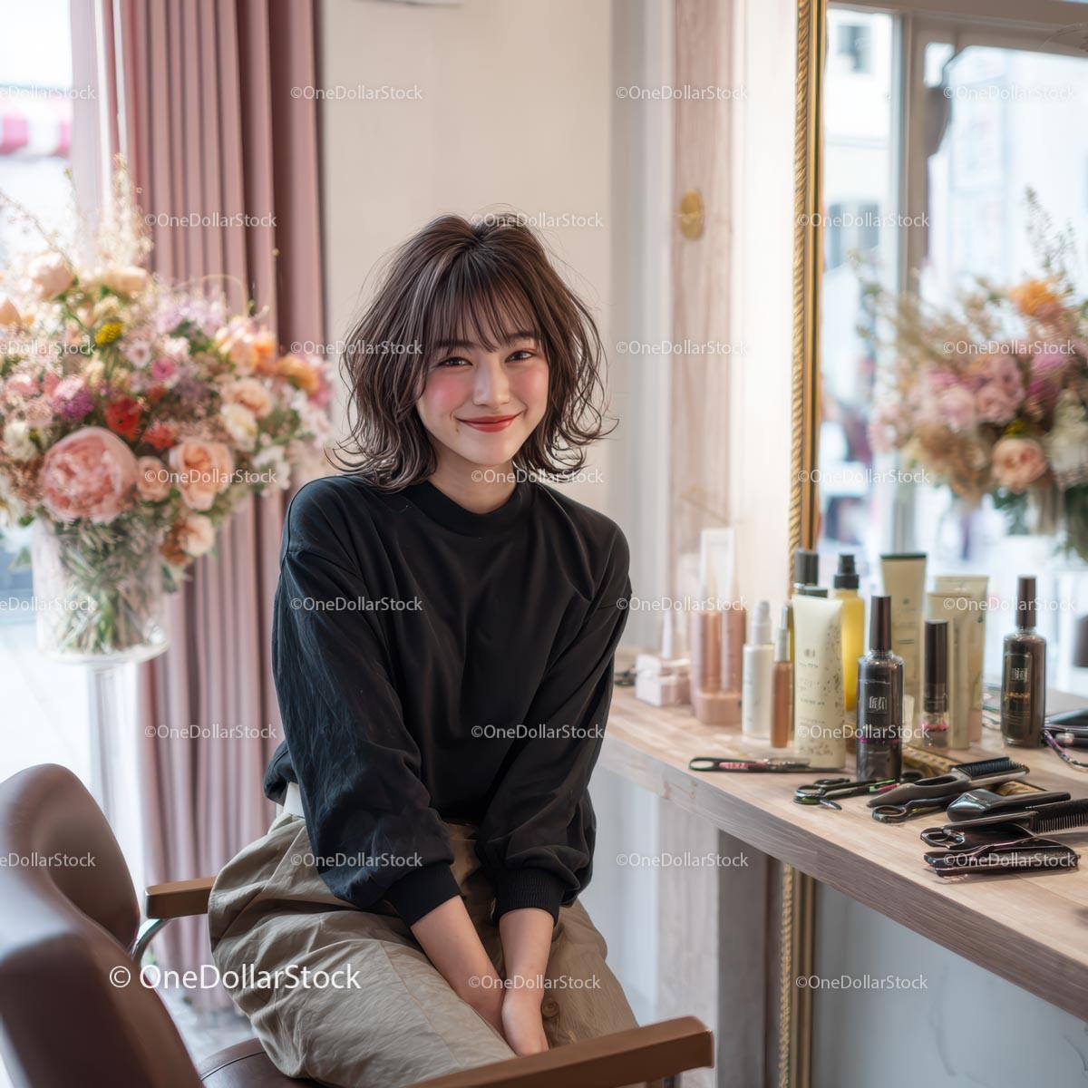 Smiling Woman in Stylish Hair Salon with Fresh Flowers