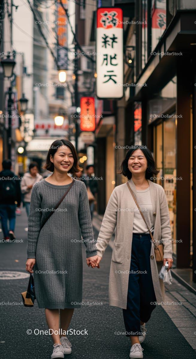 Smiling Friends Walking in Vibrant Urban Street