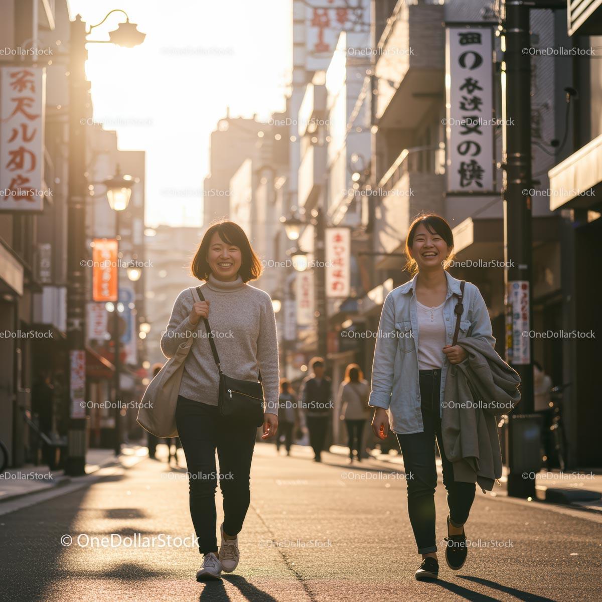 Smiling Women Walking in Sunlit Urban Street