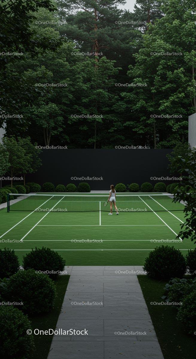 Woman Playing Tennis on a Green Court Surrounded by Trees