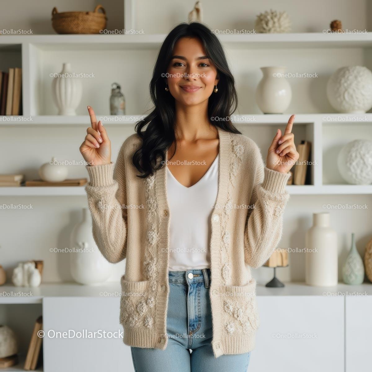 Smiling Woman in Cozy Beige Cardigan in Modern Living Room