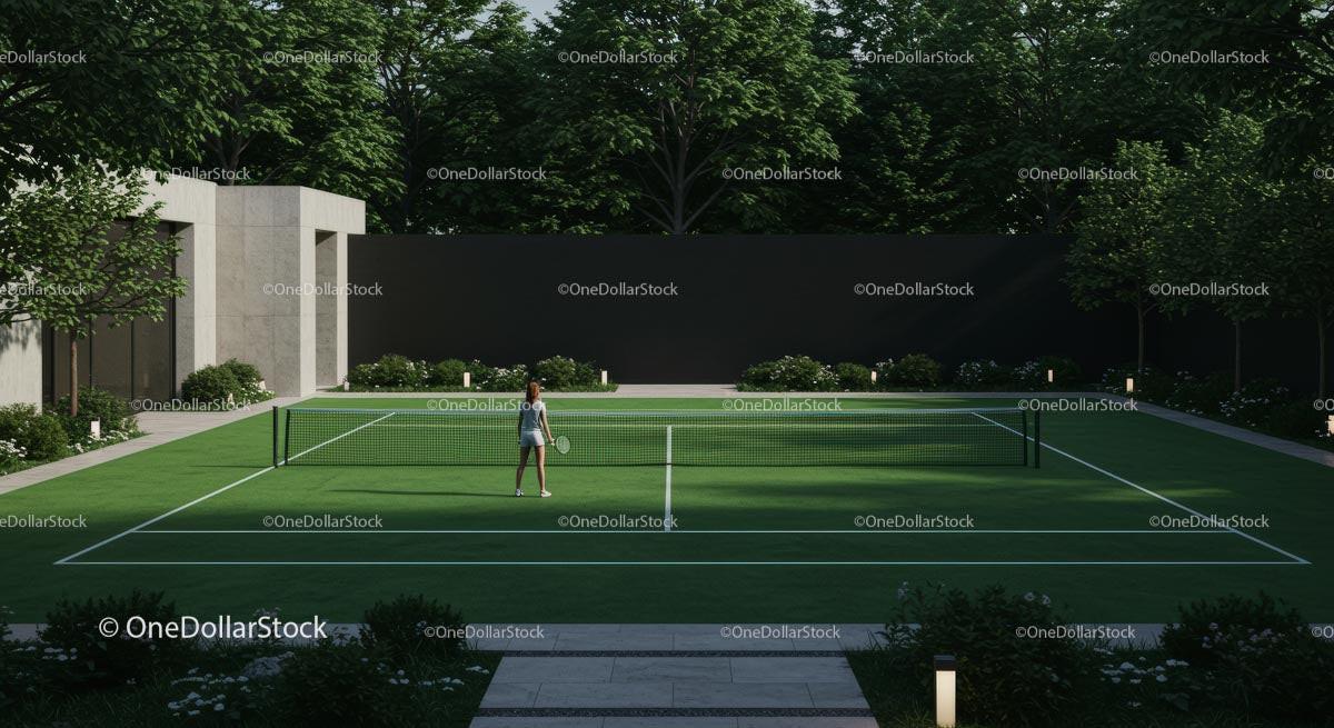Woman Playing Tennis on Modern Outdoor Court with Greenery