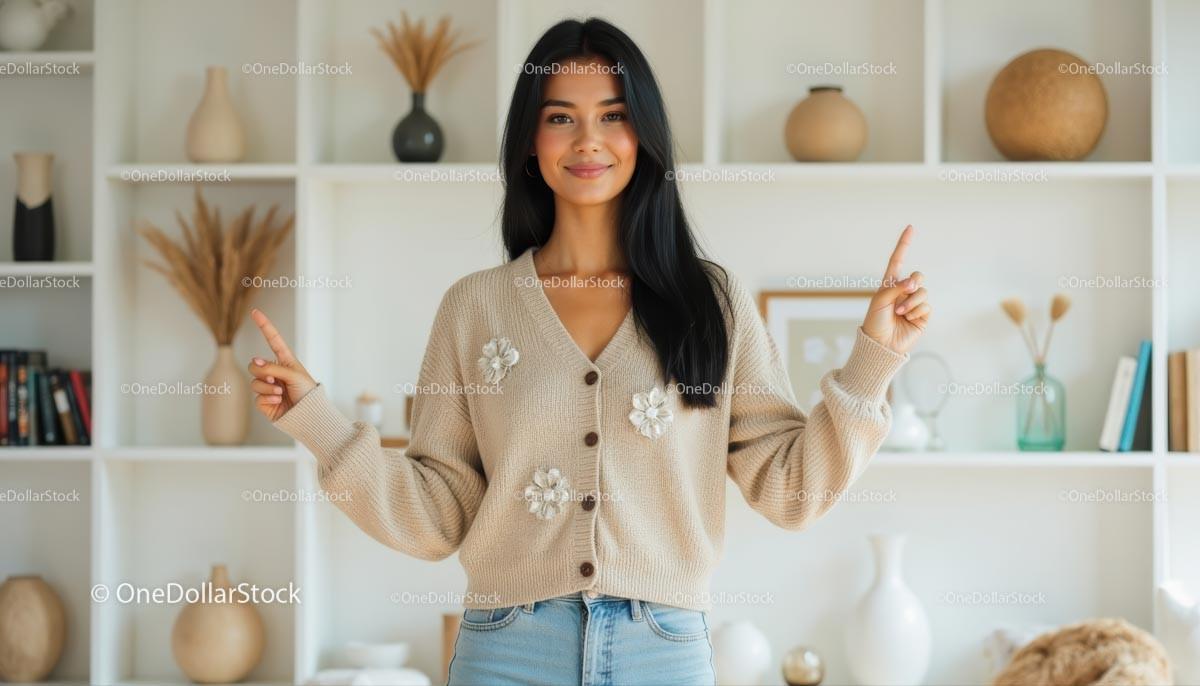 Smiling Woman in Cozy Beige Cardigan in Minimalist Home