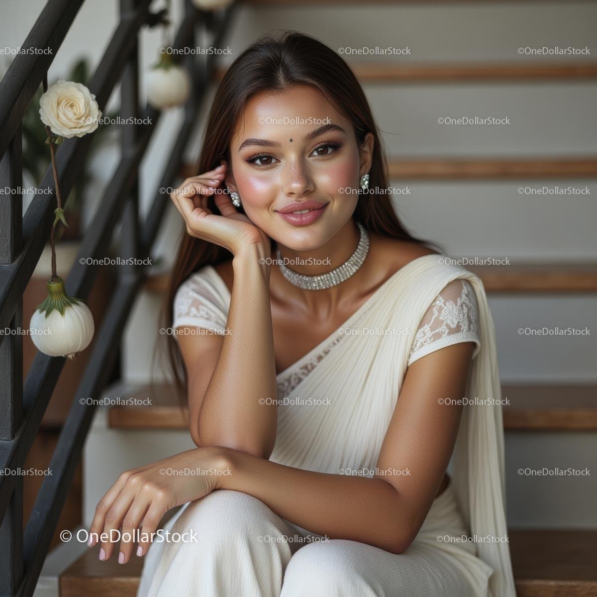 Elegant Woman in Traditional White Attire on Stairs