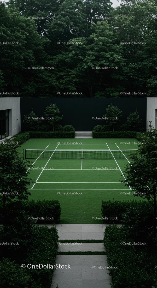 Outdoor Tennis Court Surrounded by Lush Greenery