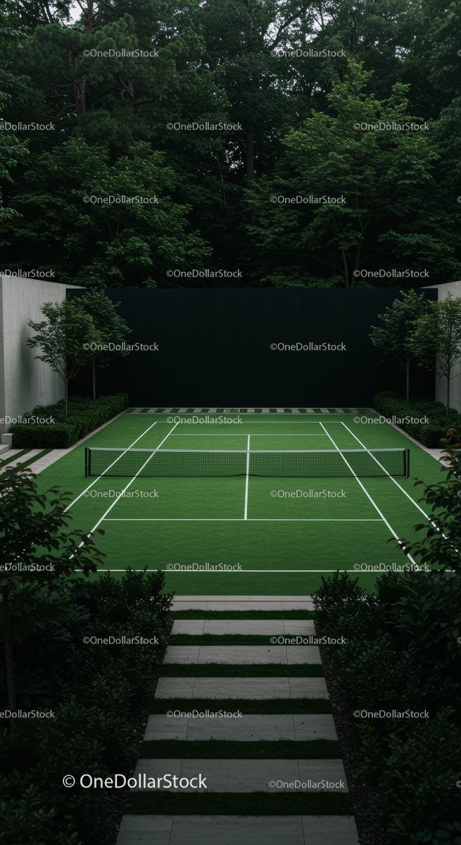 Modern Outdoor Tennis Court Surrounded by Greenery