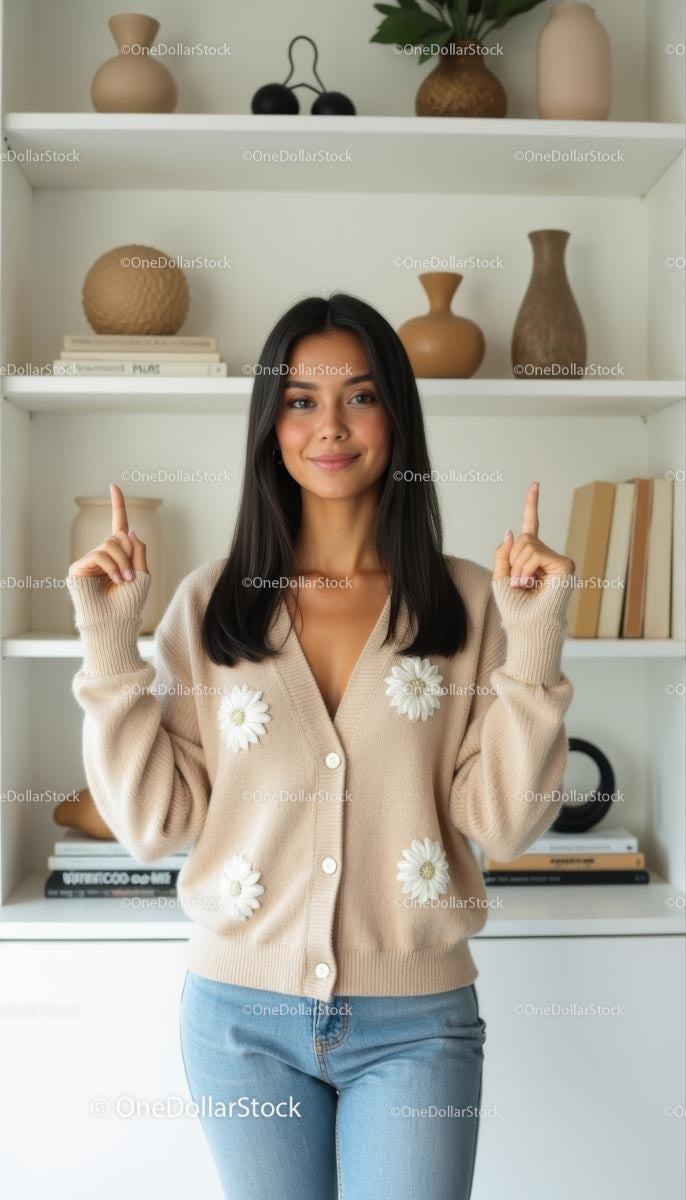 Smiling Woman in Cozy Beige Sweater with Flower Details