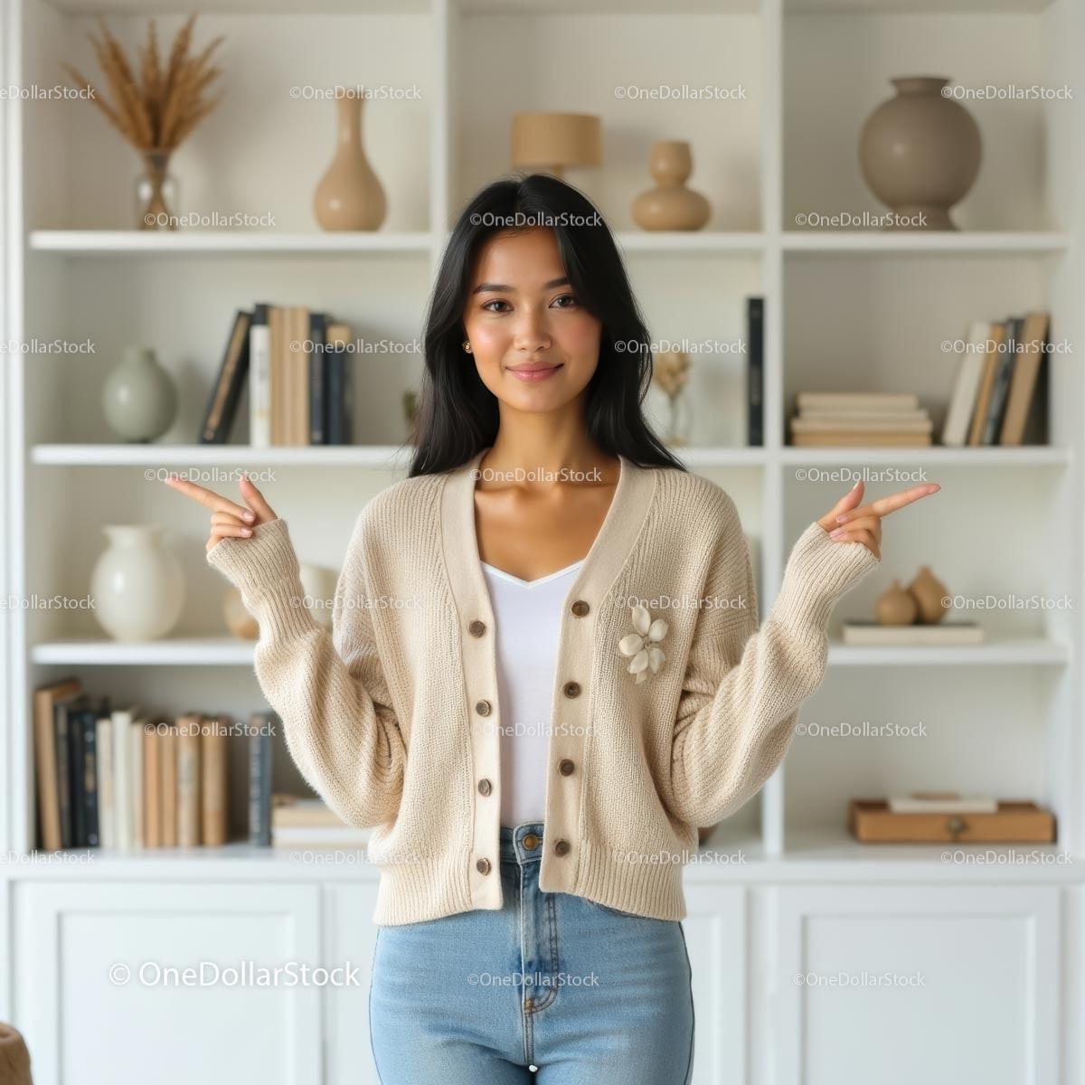 Smiling Woman in Beige Knit Cardigan in Modern Living Room