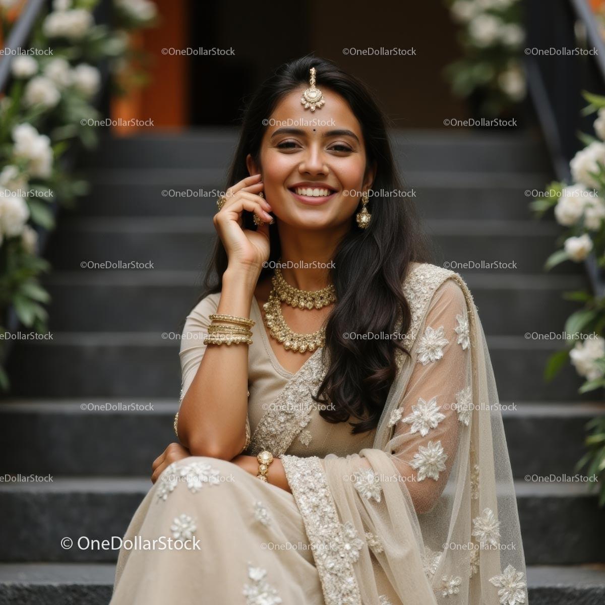 Smiling Woman in Elegant Beige Sari with Floral Embellishments