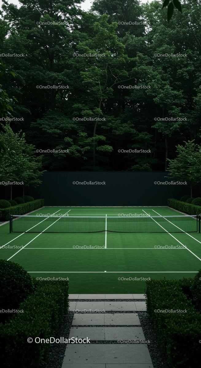 Outdoor Tennis Court Surrounded by Lush Greenery