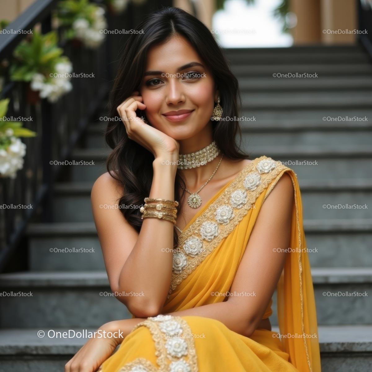Elegant Indian Fashion Woman in Colorful Saree Portraits with Jewelry on Staircase Stock Photo Bundle preview 12