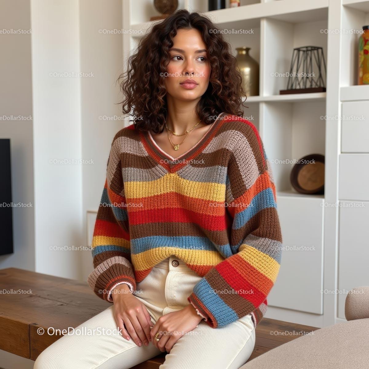 Stylish Woman in Cozy Colorful Sweater at Home