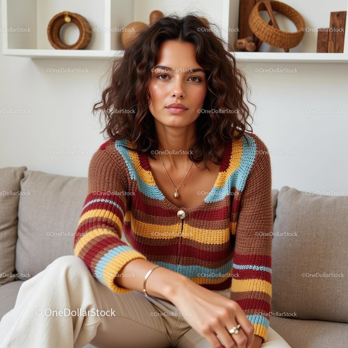 Woman in Multicolor Striped Sweater in Cozy Living Room