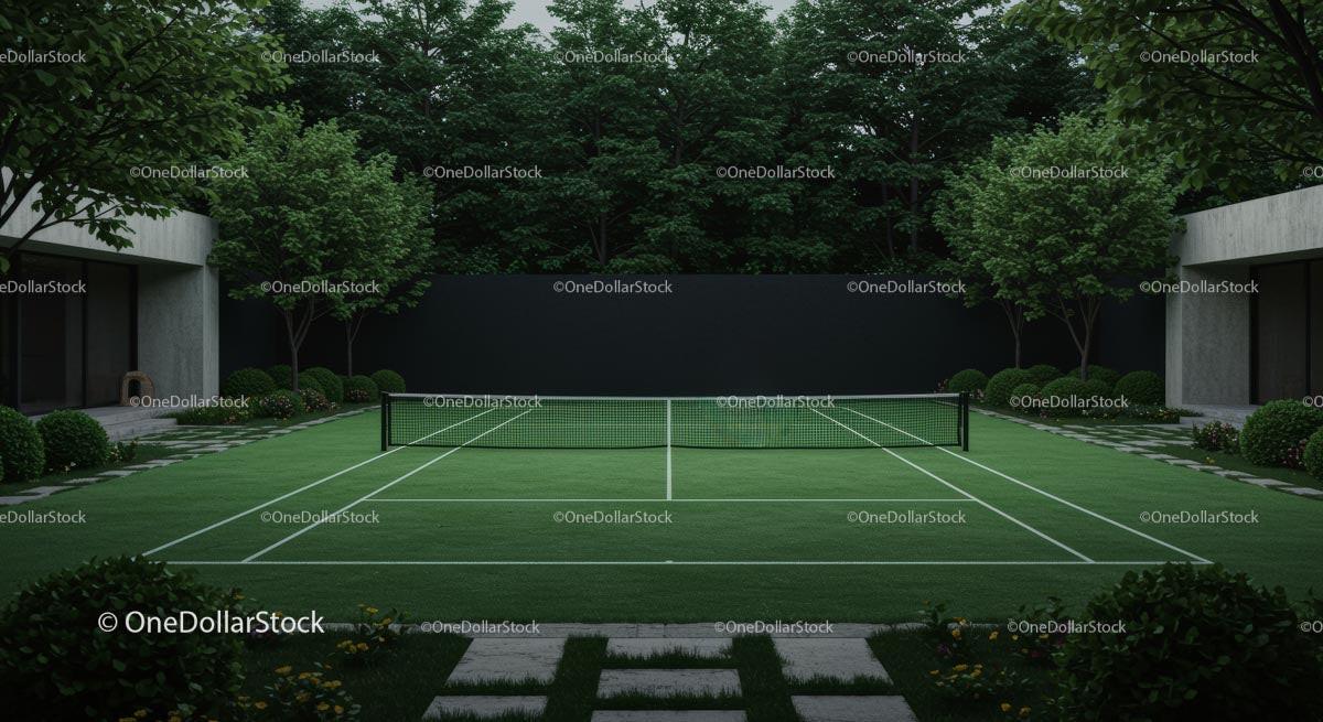 Modern Tennis Court Surrounded by Lush Green Garden