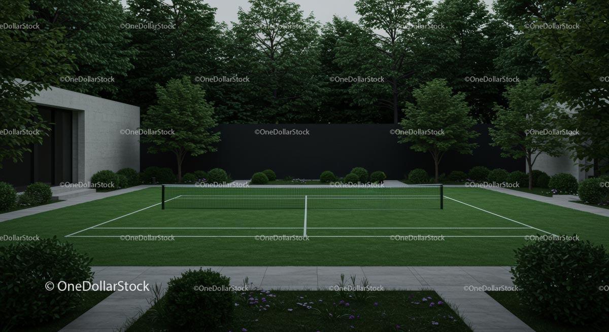 Modern Tennis Court Surrounded by Lush Greenery