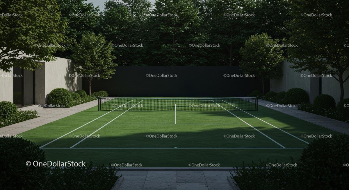 Modern Tennis Court with Lush Green Surroundings