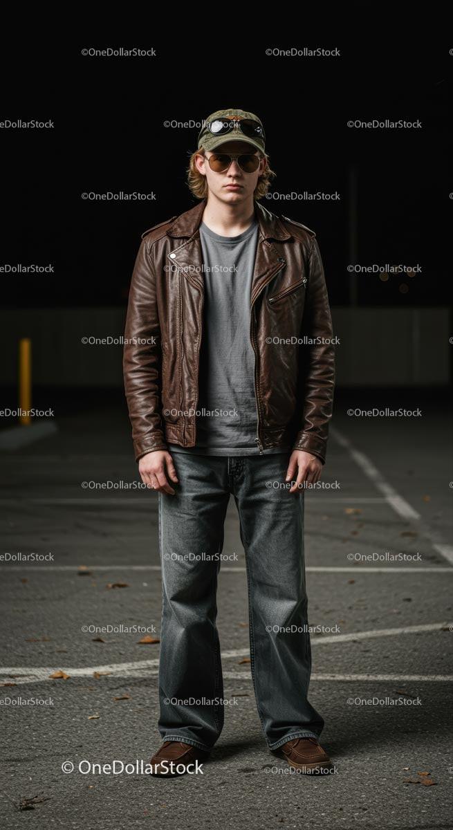 Young Man in Leather Jacket with Sunglasses in Urban Setting