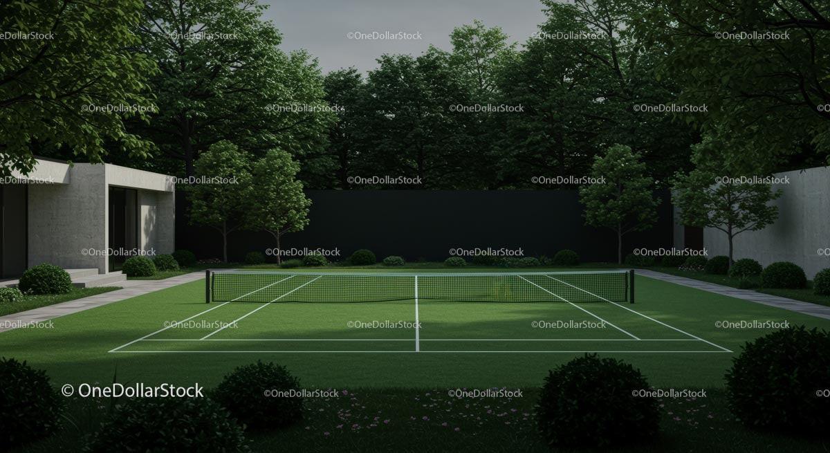 Modern Tennis Court with Lush Green Surroundings