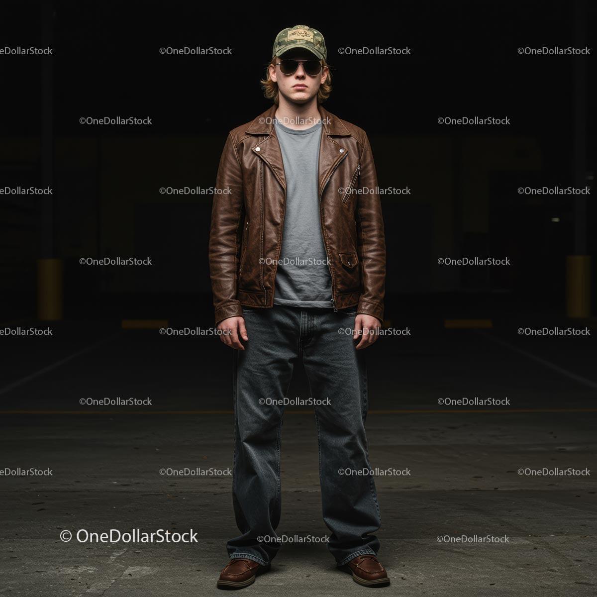 Stylish Man in Leather Jacket and Sunglasses