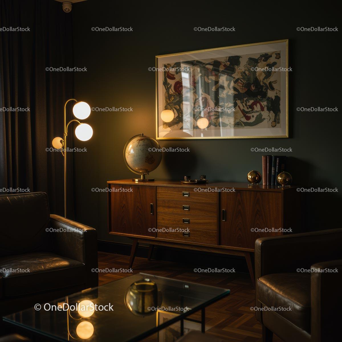 Cozy Mid-Century Modern Room with Warm Lighting