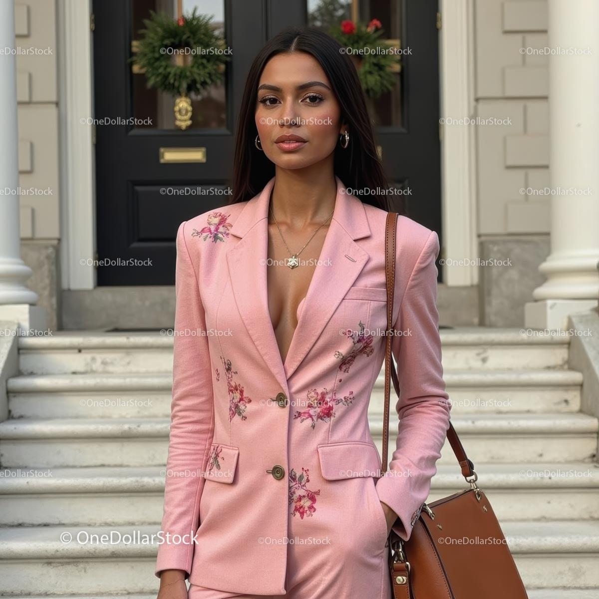 Elegant Woman in Floral Pink Suit Standing Outside